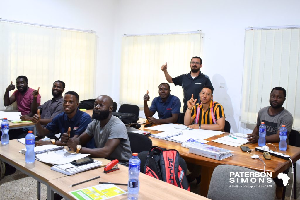 Theory Training, from left to right: Benjamin Gyetuah, Victor Awuku, Leonardo Brown, Patrick Amoh, Casimir Agbegniadan, Mirco Minoccheri (the Trainer), Isidore Yates and Emmanuel Quansah