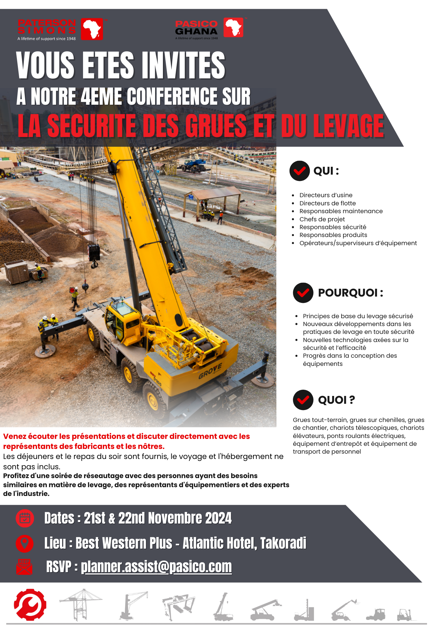 VOUS ETES INVITES A NOTRE 4EME CONFERENCE SUR LA SECURITE DES GRUES ET DU LEVAGE : 21 ET 22 NOVEMBRE 2024, TAKORADI, GHANA