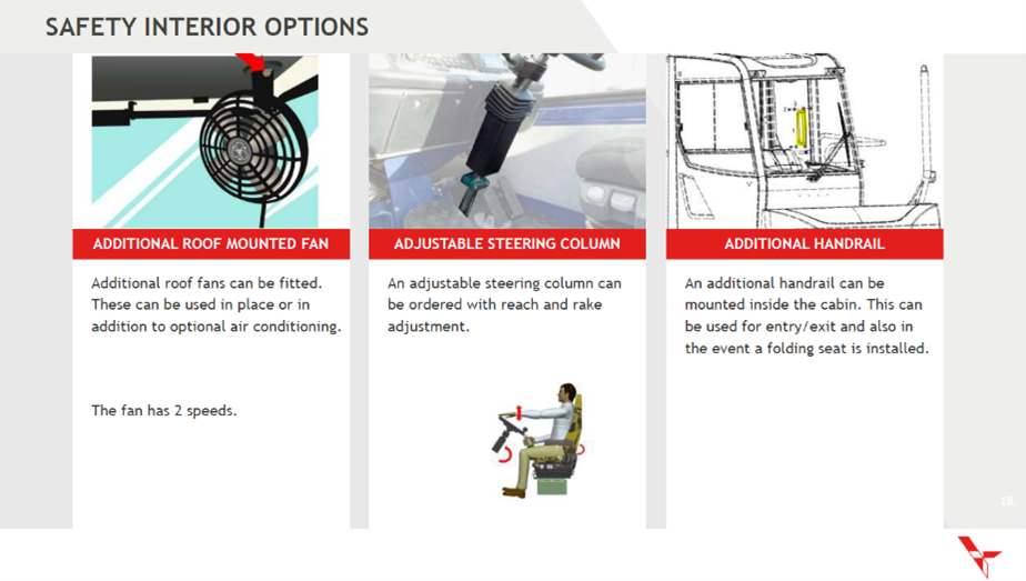 The Terberg YTXX3 prioritises safety and operator comfort. Have a look at the various Optional Safety Features: 1. Interior Safety Enhancements Adjustable Steering Column: Offers reach and rake adjustment for personalized comfort. Additional Roof Mounted Fan: Provides additional cabin cooling, particularly useful in place or in conjunction with air conditioning. Roller Blinds: Can be installed on the rear and side windows to reduce glare without obstructing mirror visibility. Air Conditioning and Climate Control: Integrated systems for temperature management, enhancing comfort in various climates. Three-Point Seat Belt: An upgraded seat belt system for improved safety, with options for armrests. Reverse Camera System: Offers enhanced visibility and safety when reversing, with optional recording features. 