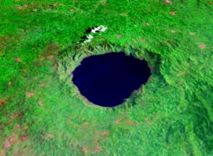 Lake Bosumtwi, Ghana, view from Southwest. Bosumtwiis a lake-filled impact crater, about 10.5 km in size an 1.3 million years old. Vertical exaggeration 3x.